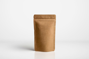 Craft paper pouch bag front view isolated on white background. Packaging template mockup...