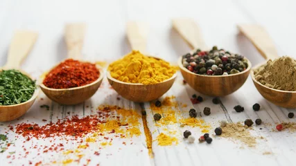 Poster Row of wooden spoons filled with various multicolored spices and composed on wooden table © Dash