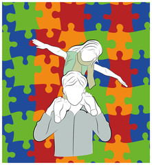 father holds a child on his shoulders. against the background of puzzles, symbols of autism. vector illustration.