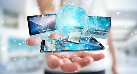 Businessman connecting tech devices and icons applications 3D rendering