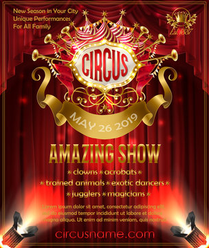 Vector advertising poster for circus amazing show, invitation to cirque performance. Promotion banner with red curtains on background, retro signboard illuminated by spotlights, golden ribbon for text