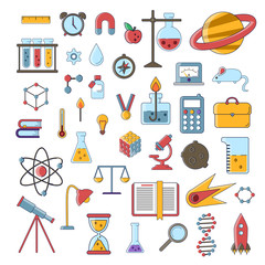 Set of scientific vector flat icons, education signs and symbols in colored modern science design with elements for mobile concepts and web apps. Collection of cute educational and science icons