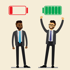 caucasian Businessman with green full battery and african american sad businessman with red low battery