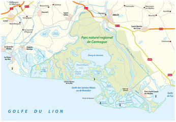 Map of the Southern French Regional Natural Park Camargue, France