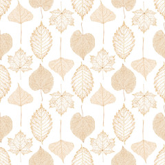 Transparent gold skeleton leaves autumn seamless pattern