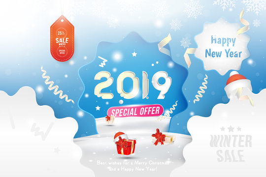 Winter Sale 25% off. Happy new year 2019 Greeting card template with gift box and snowdrifts on blue background with special offer. Creative banner with ribbons and light effects. Flat vector