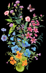Mix of summer flowers isolated on black background