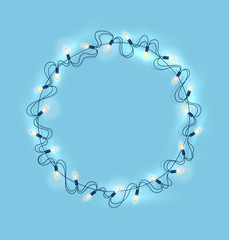 Vector christmas lights, realistic garland on blue