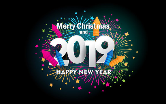 Happy New Year 2019, with fireworks and creative design