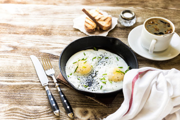 Rich breakfast with fried egg and coffee