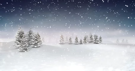 Foto op Plexiglas winter seasonal landscape at snowfall at evening, snowy calm nature 3D illustration render © LeArchitecto