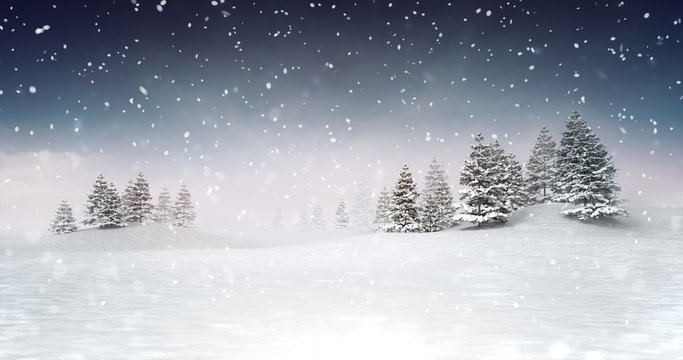 winter seasonal landscape scenery at snowfall at evening, snowy calm nature 3D illustration render