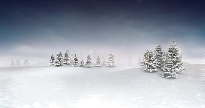 winter seasonal landscape with trees background, snowy calm nature 3D illustration render