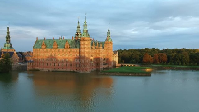 Aerial of a castle at dusk in Hillerod Denmark