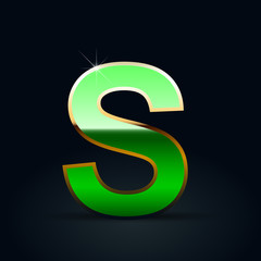 Green glossy casino letter S uppercase with golden outline isolated on black background