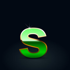 Green glossy casino letter S lowercase with golden outline isolated on black background