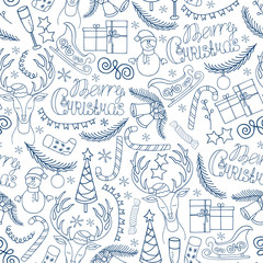 Obraz premium New year seamless pattern. Vector hand-drawn pattern with Christmas tree, snowman, Santa's sleigh, candy, garlands, the inscription 
