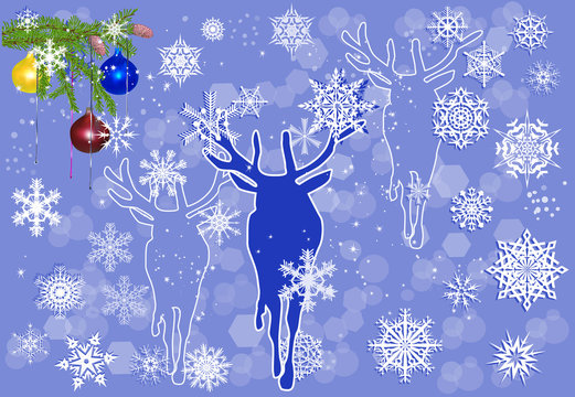 Deers Outlines On Blue Snowfall Background