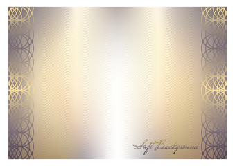 Soft lace background in golden tones. Gold frame with openwork pattern. Vector illustration.