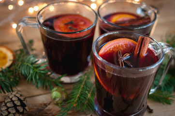 Close-up of Christmas mulled wine on wooden background
