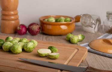 Brussels sprouts on a kitchen table