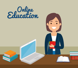 teacher woman with laptop online education