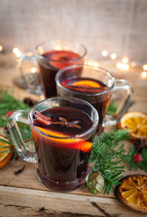 Christmas mulled wine on wooden background