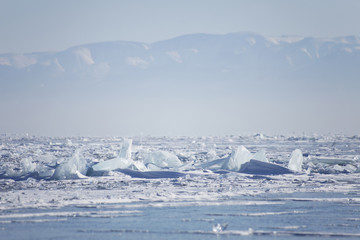 Winter landscape of Lake Baikal, ice floes