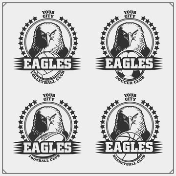 Volleyball, basketball, soccer and football logos and labels. Sport club emblems with eagle.