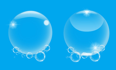 Realistic 3d soap bubble with on blue background. Vector Soap Bubble set illustration.