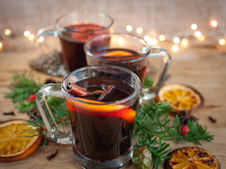 Close-up of Christmas mulled wine on wooden background