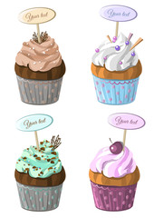 Set of cupcakes different colors with mini tablets for text . Cake dessert collection with cream. Vector illustration.