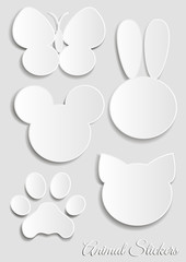 Set of white stickers in the shape of animals. Vector illustration.