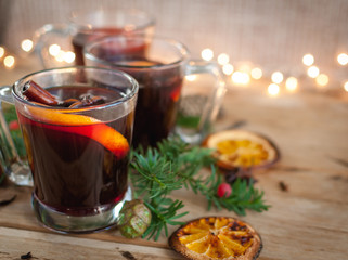 Close-up of Christmas mulled wine on wooden background