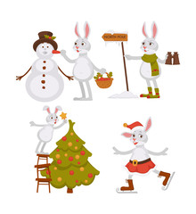 Christmas bunny and snowman,with hat activities set vector