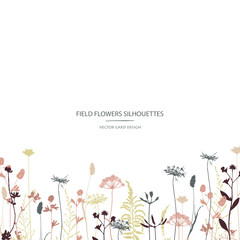 Vector silhouettes collection. Set of field flowers, herbs. Card design.