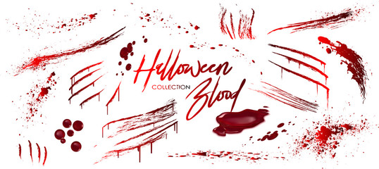 Blood collection, Happy Halloween decoration, Vector bloody horror drop, drip, splatter, creepy splash, spot, ... Realistic blood on transparent background, isolated. - obrazy, fototapety, plakaty