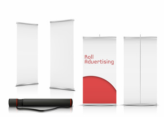 Vector realistic set of blank roll up banners, vertical stands with paper canvases for advertising isolated on background. Mockup with empty white billboards and black case for roll-up displays