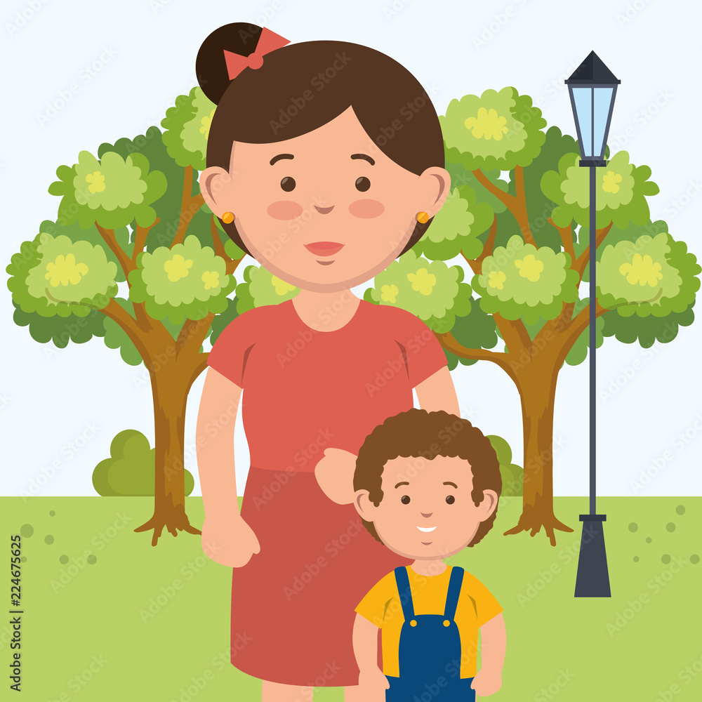 Wall mural mother with son on park characters