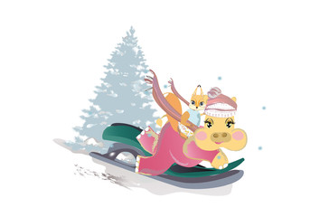 Series of vector illustrations with cute funny animals in cartoon style. Hippo with squirrel sledging in winter. Christmas card.