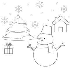 Outline scene of Christmas tree, snowman, gift box and house.