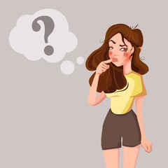 Cartoon young standing woman thinking with question mark in think bubble. Businesswoman thinks about problem vector illustration. Woman and question bubble thinking, expression and think problem