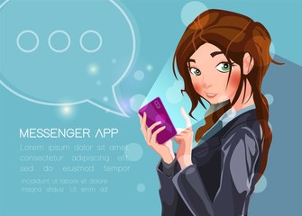 Mobile messenger app for texting messages to colleagues. Concept flat vector illustration of young business woman holds smartphone with speech bubble for corporate texting and sharing projects data.