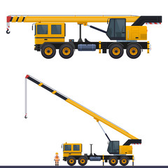 Vector mobile crane, illustration of a mobile crane with a raised tower and builder in a helmet