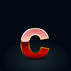 Red glossy casino letter C lowercase with golden outline isolated on black background