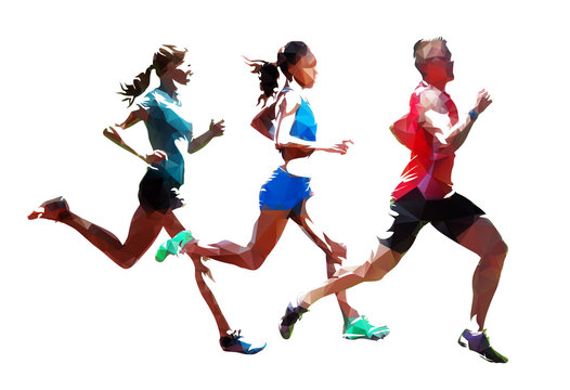 Run, group of running people, low polygonal running athletes. Isolated vector illustrations