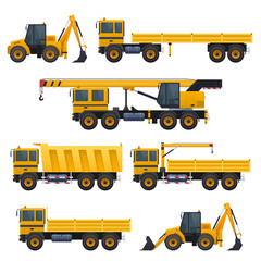 Vector construction machinery, set of auto truck crane tractor bulldozer.