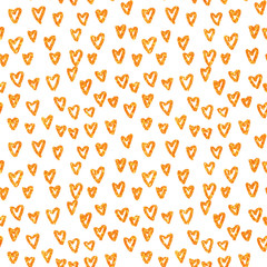 Hand Drawn golden hearts. Seamless pattern with gold hearts. Valentine's Day. Gift wrap, print, cloth, cute background for a card. Heart on white background. Yellow gold glitter sparkling.