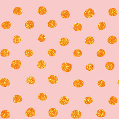 Hand Drawn seamless pattern with gold painted dots. Gift wrap, print, cloth, cute background for a card. Golden dots on pink background. Yellow gold glitter sparkling shiny.
