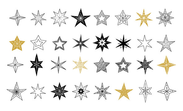 Collection of snowflakes, stars, Christmas decorations, hand drawn illustrations